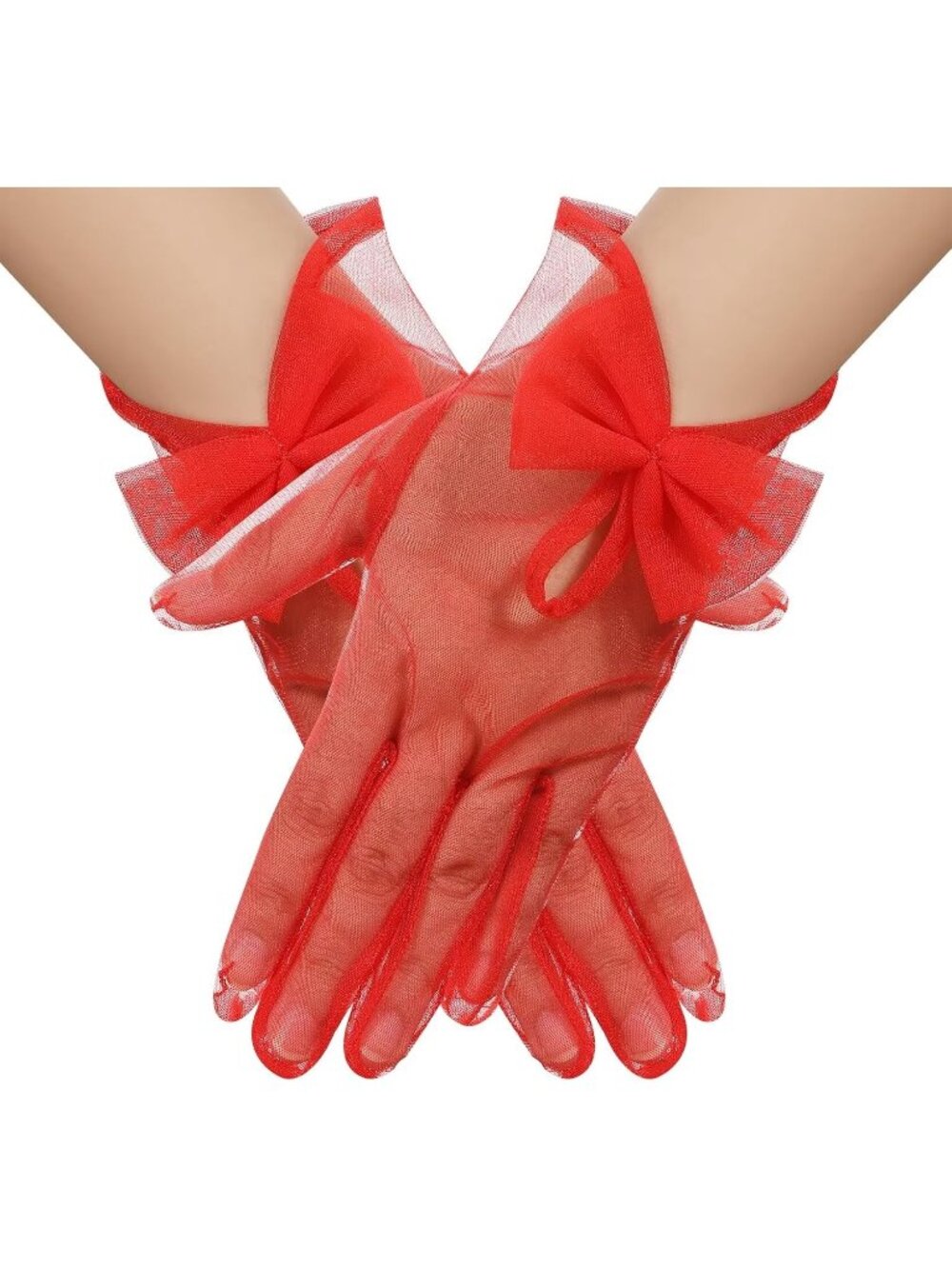 Women's Red Short Sheer Mesh Gloves Lace Cocktail Opera Tea Party Gloves